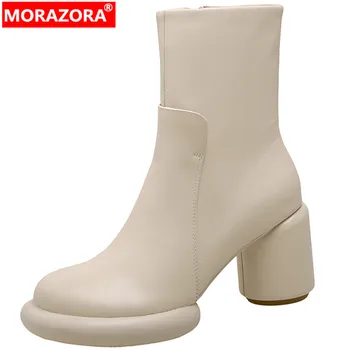 MORAZORA/ Новост 2023 г.; обувки на платформа и висок кръгла обувки; Зимни Ботильоны с цип; Дамски обувки от естествена кожа